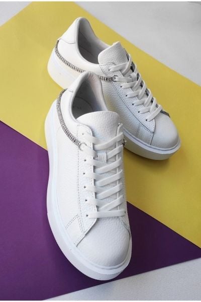 Beyaz - Kadın Hakiki Deri Taşlı Sneaker